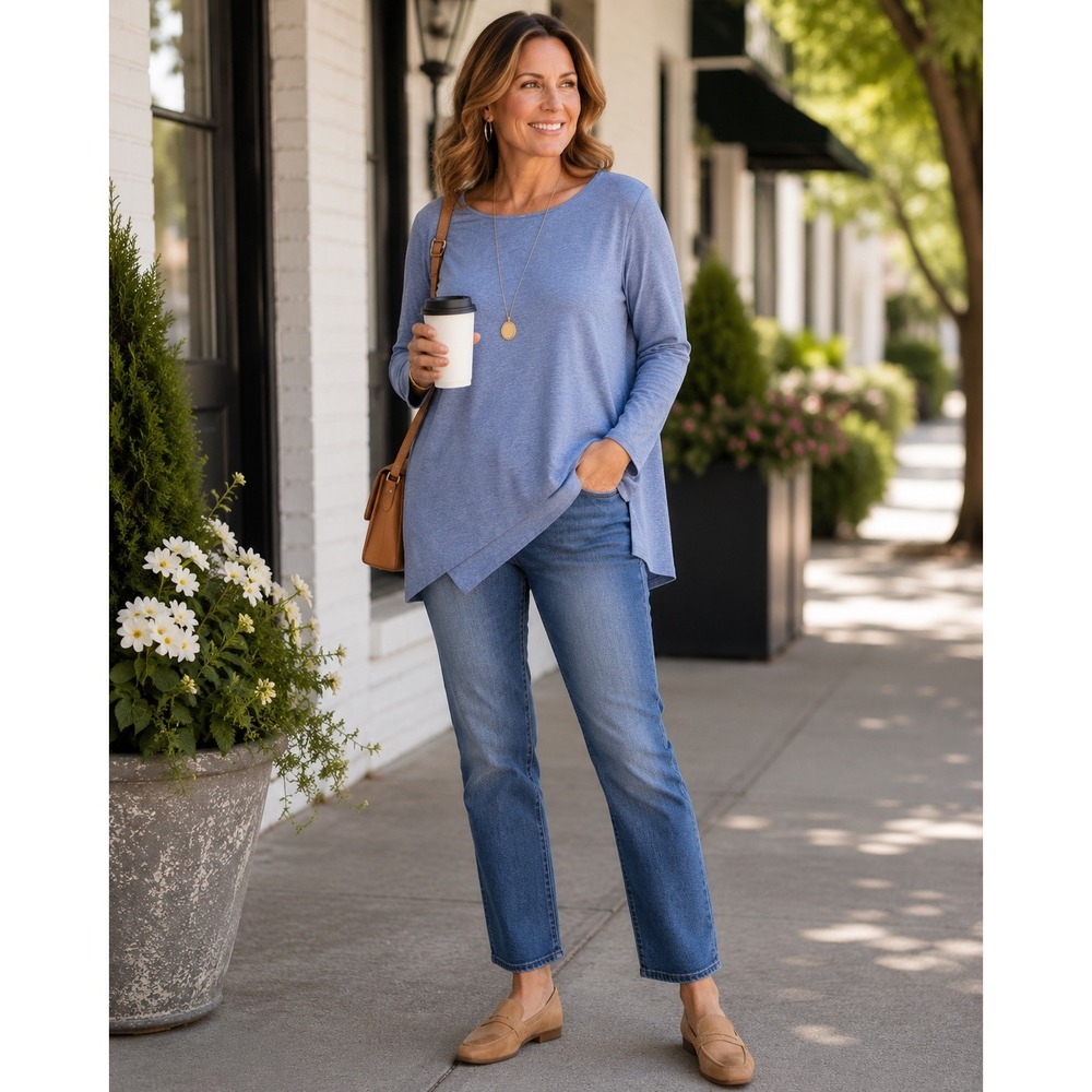 Pure J.Jill 1X Layered Asymmetrical Tunic Top Blue Long Sleeve Knit Casual‎